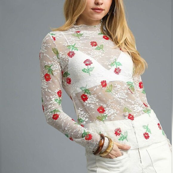 Umgee Floral Mock Neck Long Sleeve Sheer Mesh Women's Top White sz Small - Picture 1 of 6
